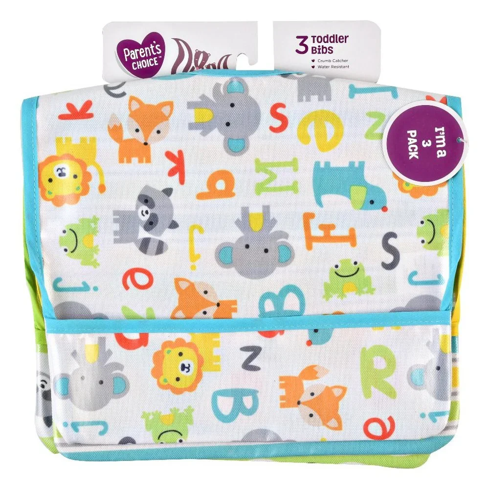Parent's Choice Canvas Baby 3 Bibs Water Resistant w/ Crumb Catcher NO METAL !